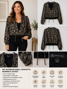 INC International Concepts Black Blouse with Gold Metallic Accents